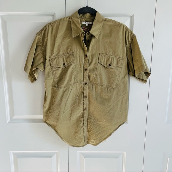Madewell Tie Front Embroidered Back Khaki Button-up, Size S - Picture 2 of 6